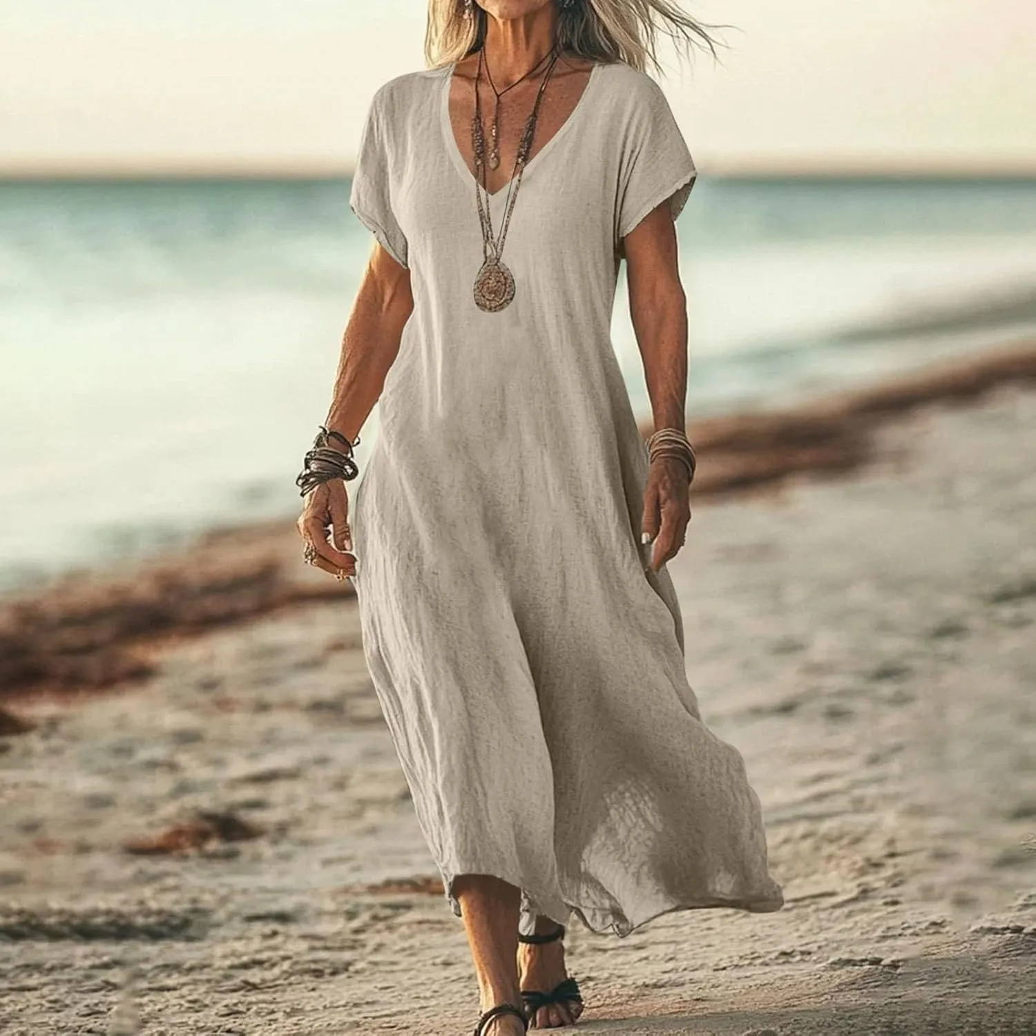 Summer Linen Dresses for Women 2025 Short Sleeve V Neck Shift Long Maxi Dresses Comfy Flowy Swing A Line Beach Dress
