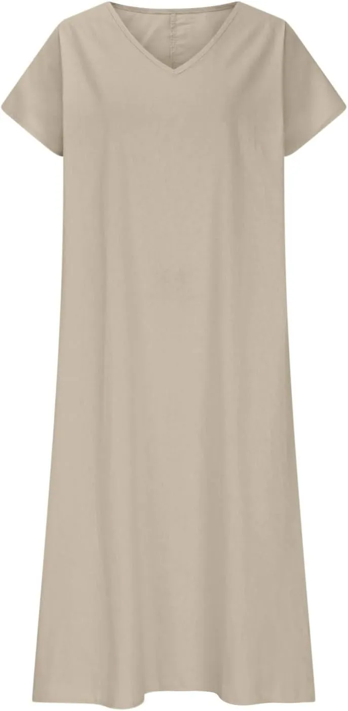 Summer Linen Dresses for Women 2025 Short Sleeve V Neck Shift Long Maxi Dresses Comfy Flowy Swing A Line Beach Dress