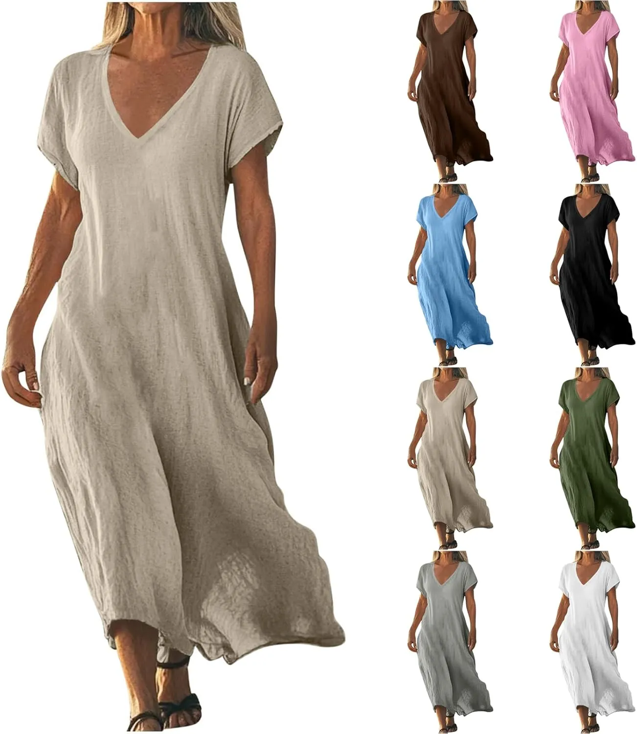 Summer Linen Dresses for Women 2025 Short Sleeve V Neck Shift Long Maxi Dresses Comfy Flowy Swing A Line Beach Dress