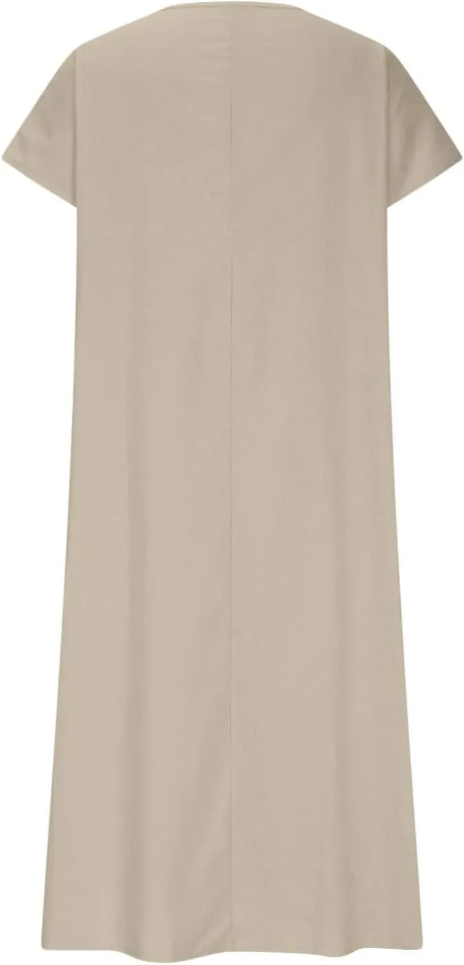 Summer Linen Dresses for Women 2025 Short Sleeve V Neck Shift Long Maxi Dresses Comfy Flowy Swing A Line Beach Dress