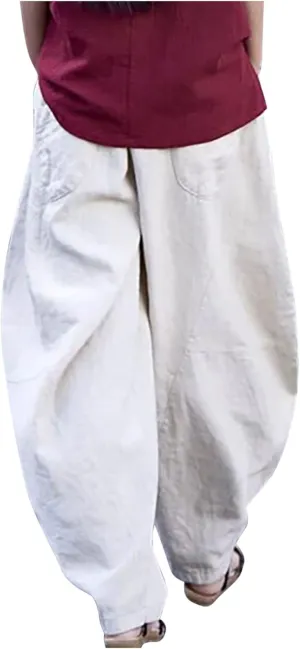 Summer Linen Harem Pants Womens Baggy Drop Crotch Boho Wide Leg Lantern Trousers Aladdin Bohemian Beach Yoga Pants