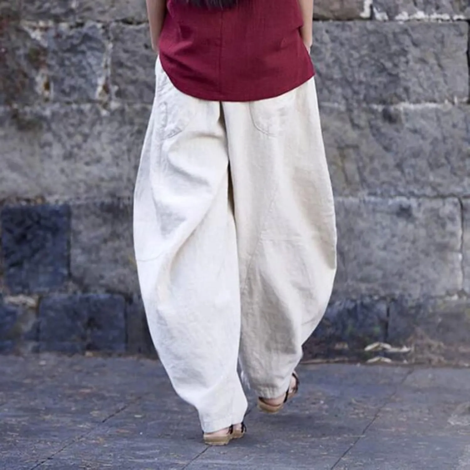 Summer Linen Harem Pants Womens Baggy Drop Crotch Boho Wide Leg Lantern Trousers Aladdin Bohemian Beach Yoga Pants