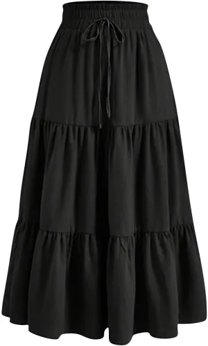 Summer Long Skirts for Women Casual Drawstring High Waist Lightweight Tiered Flowy Pleated Skirts with Pocket