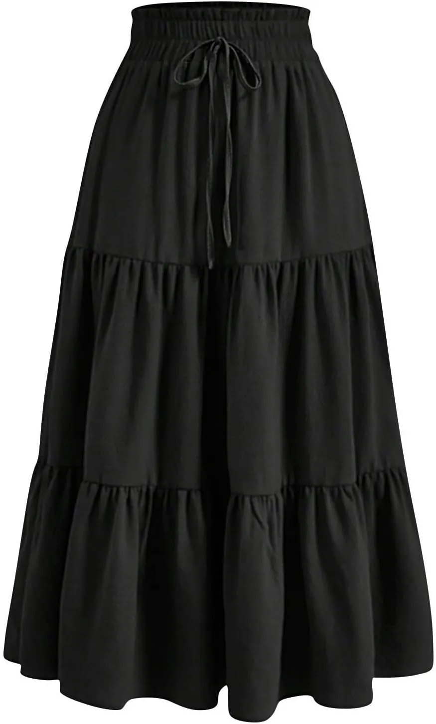 Summer Long Skirts for Women Casual Drawstring High Waist Lightweight Tiered Flowy Pleated Skirts with Pocket