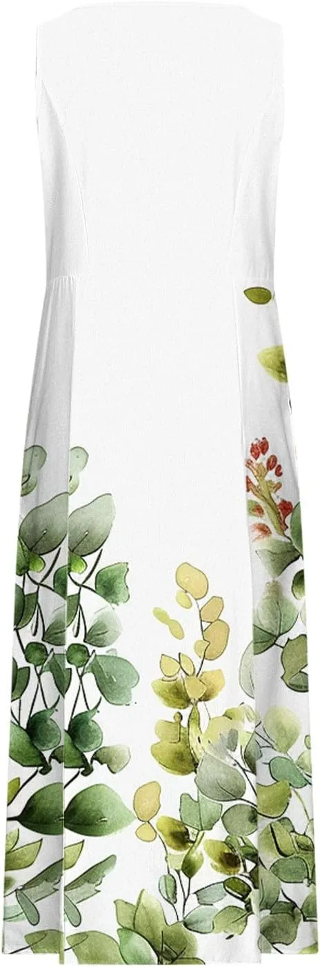 Summer Maxi Dresses for Women 2025 Casual Cotton Linen Floral Dress Spring Plus Size Elegante Beach Dress with Pockets