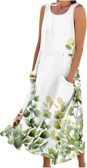 Summer Maxi Dresses for Women 2025 Casual Cotton Linen Floral Dress Spring Plus Size Elegante Beach Dress with Pockets