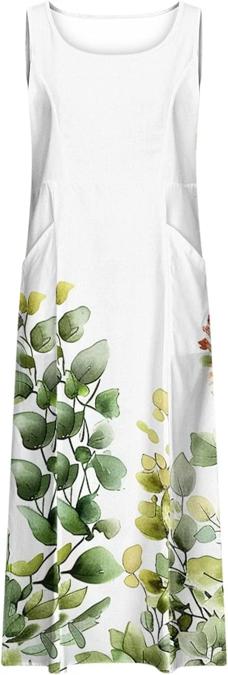 Summer Maxi Dresses for Women 2025 Casual Cotton Linen Floral Dress Spring Plus Size Elegante Beach Dress with Pockets