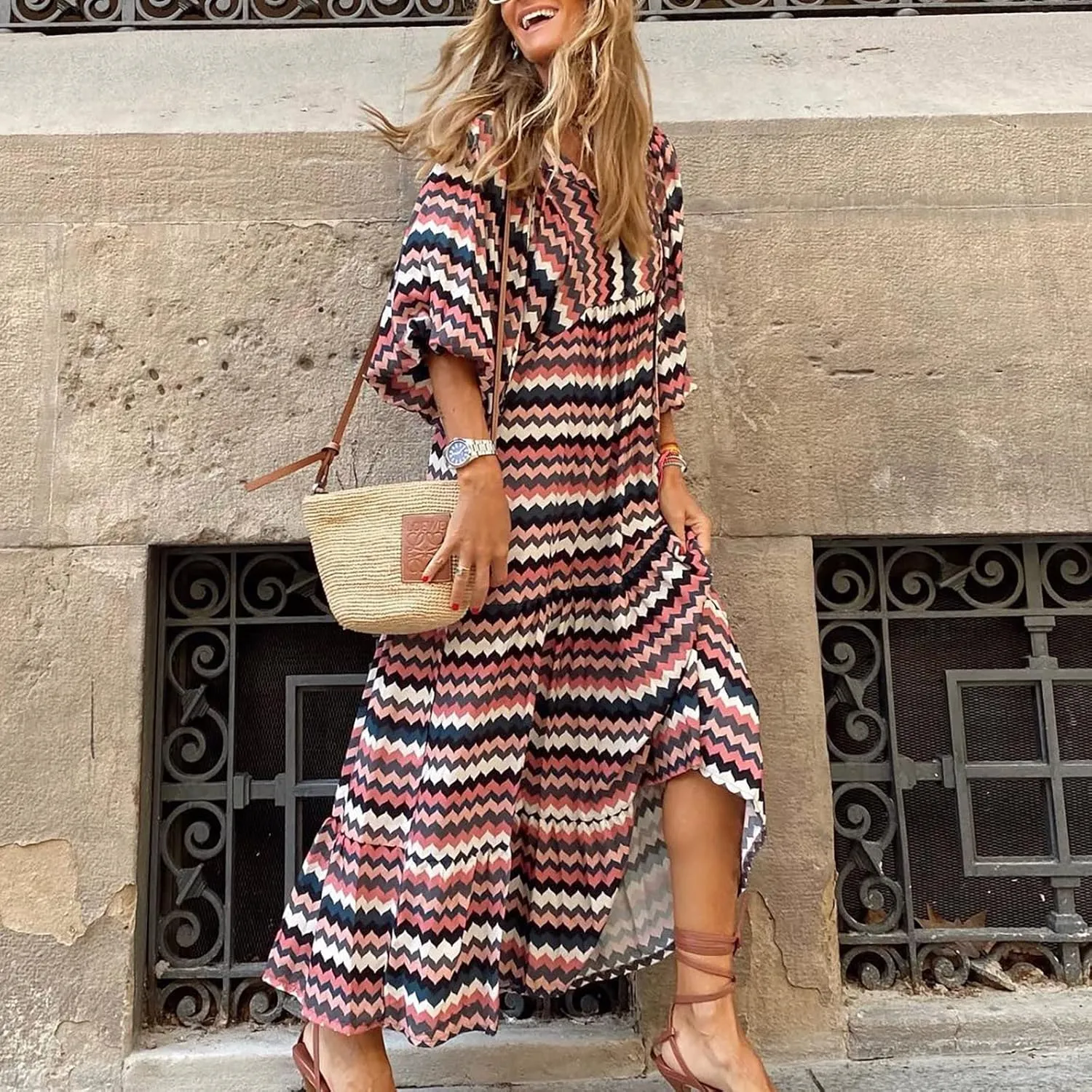 Summer Maxi Dresses for Women 2025 Puff Sleeve Flower Geometric Long Boho Dress Shift Tiered Flowy Gingham Dress