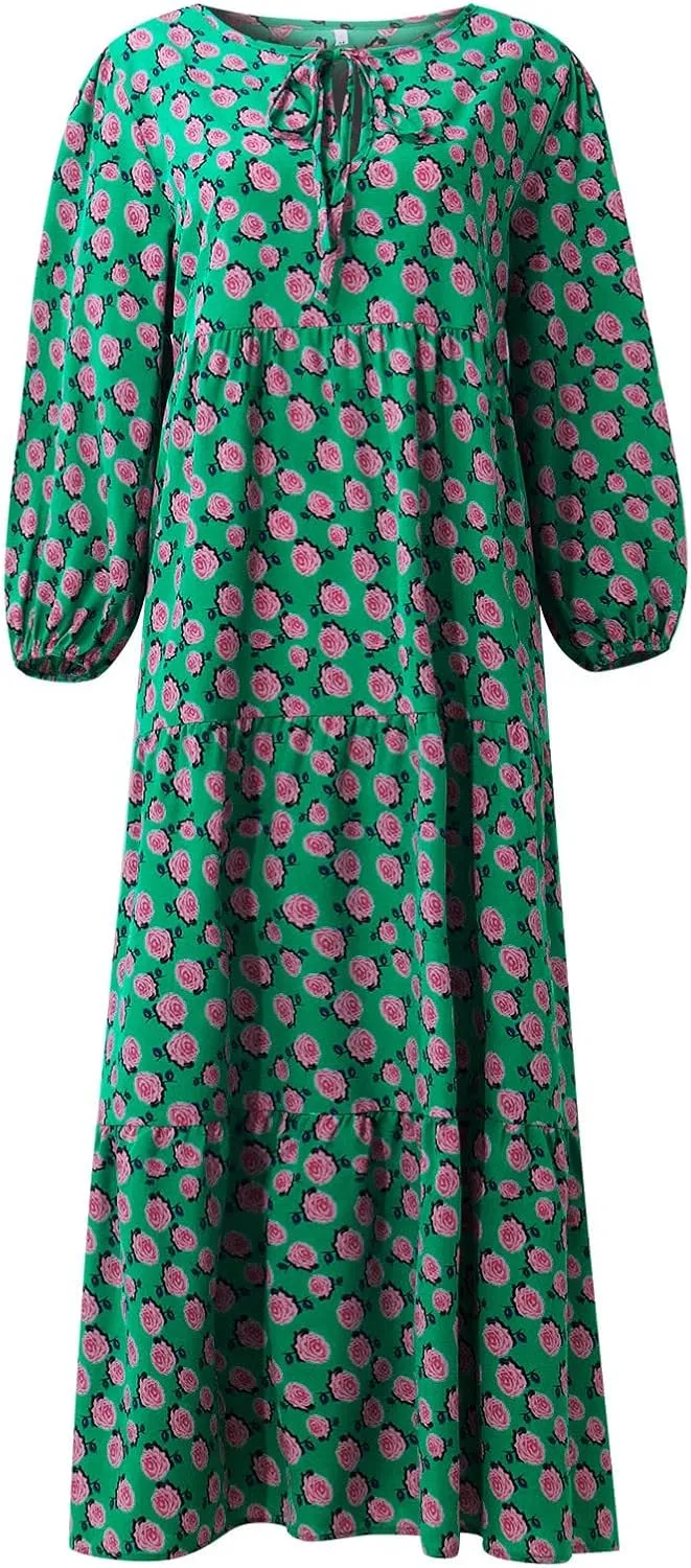 Summer Maxi Dresses for Women 2025 Puff Sleeve Flower Geometric Long Boho Dress Shift Tiered Flowy Gingham Dress