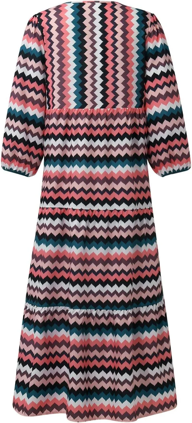 Summer Maxi Dresses for Women 2025 Puff Sleeve Flower Geometric Long Boho Dress Shift Tiered Flowy Gingham Dress