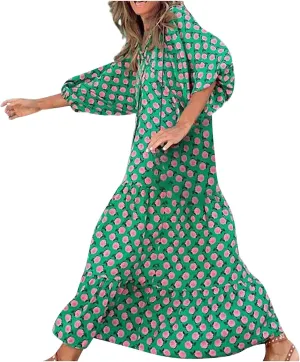 Summer Maxi Dresses for Women 2025 Puff Sleeve Flower Geometric Long Boho Dress Shift Tiered Flowy Gingham Dress