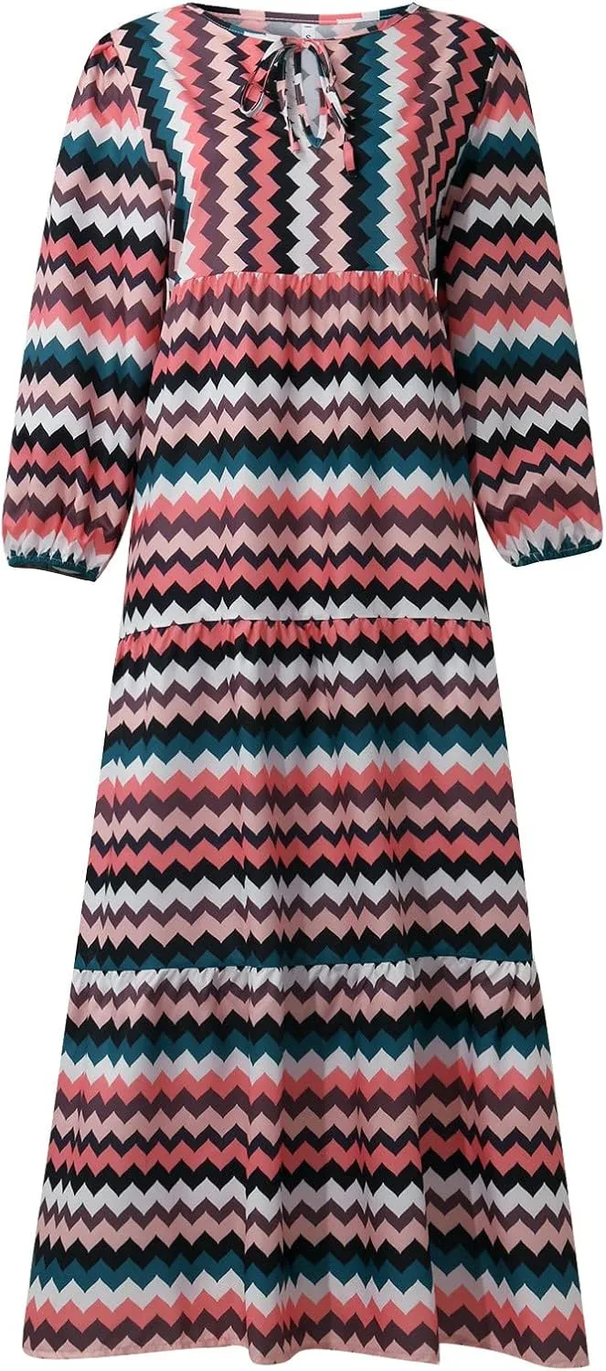 Summer Maxi Dresses for Women 2025 Puff Sleeve Flower Geometric Long Boho Dress Shift Tiered Flowy Gingham Dress