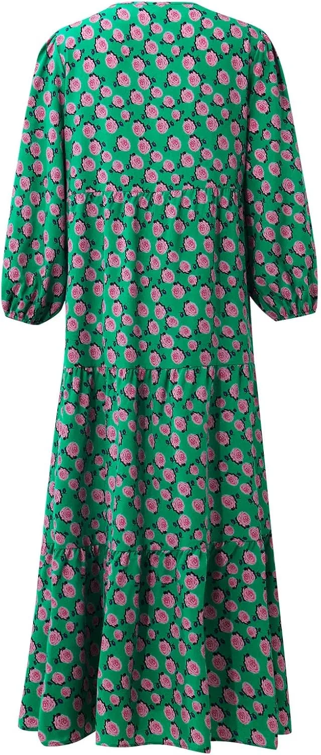 Summer Maxi Dresses for Women 2025 Puff Sleeve Flower Geometric Long Boho Dress Shift Tiered Flowy Gingham Dress