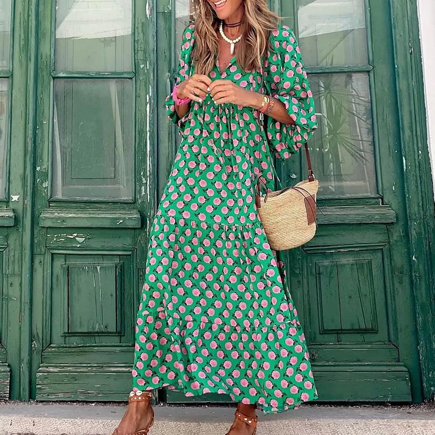 Summer Maxi Dresses for Women 2025 Puff Sleeve Flower Geometric Long Boho Dress Shift Tiered Flowy Gingham Dress