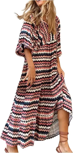 Summer Maxi Dresses for Women 2025 Puff Sleeve Flower Geometric Long Boho Dress Shift Tiered Flowy Gingham Dress