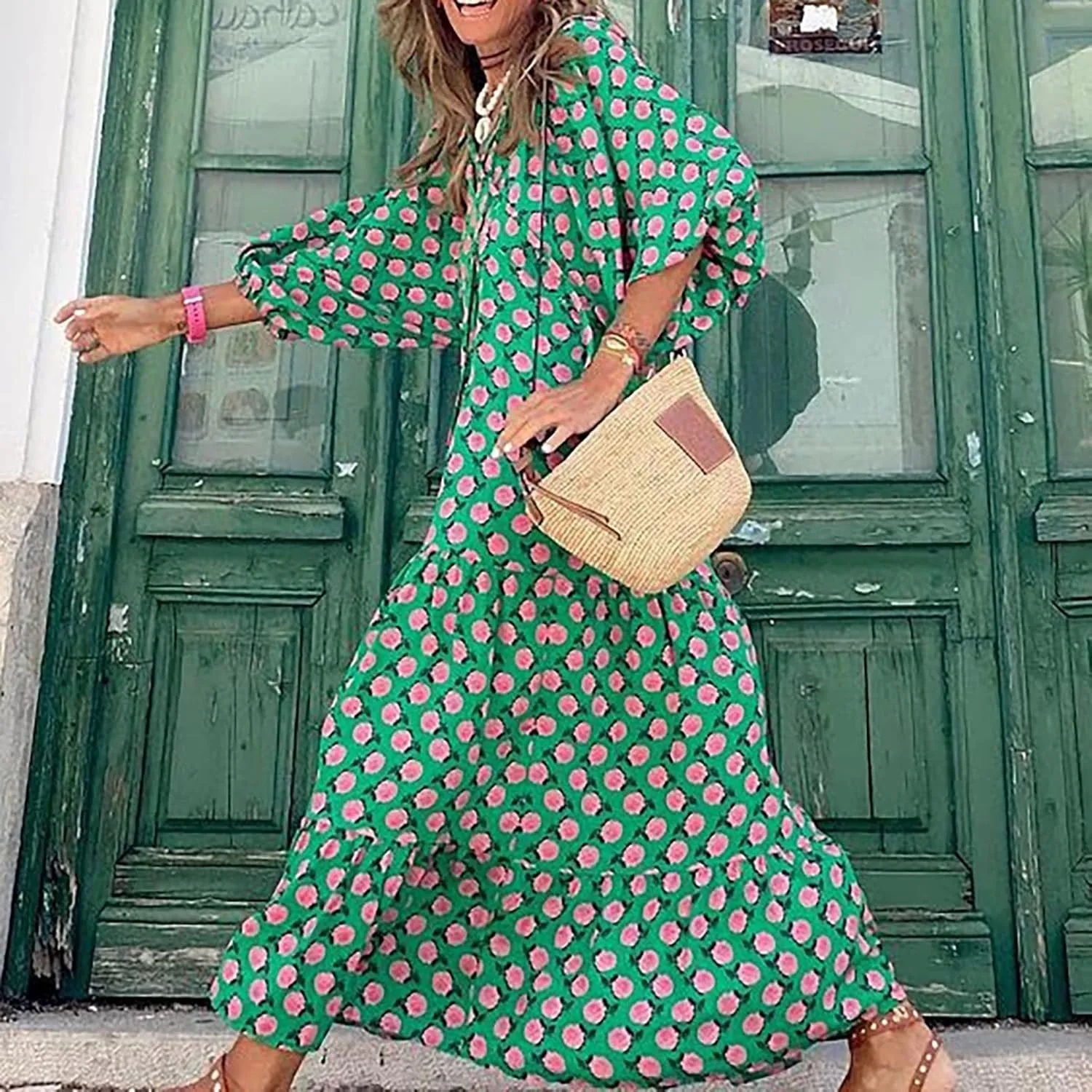 Summer Maxi Dresses for Women 2025 Puff Sleeve Flower Geometric Long Boho Dress Shift Tiered Flowy Gingham Dress