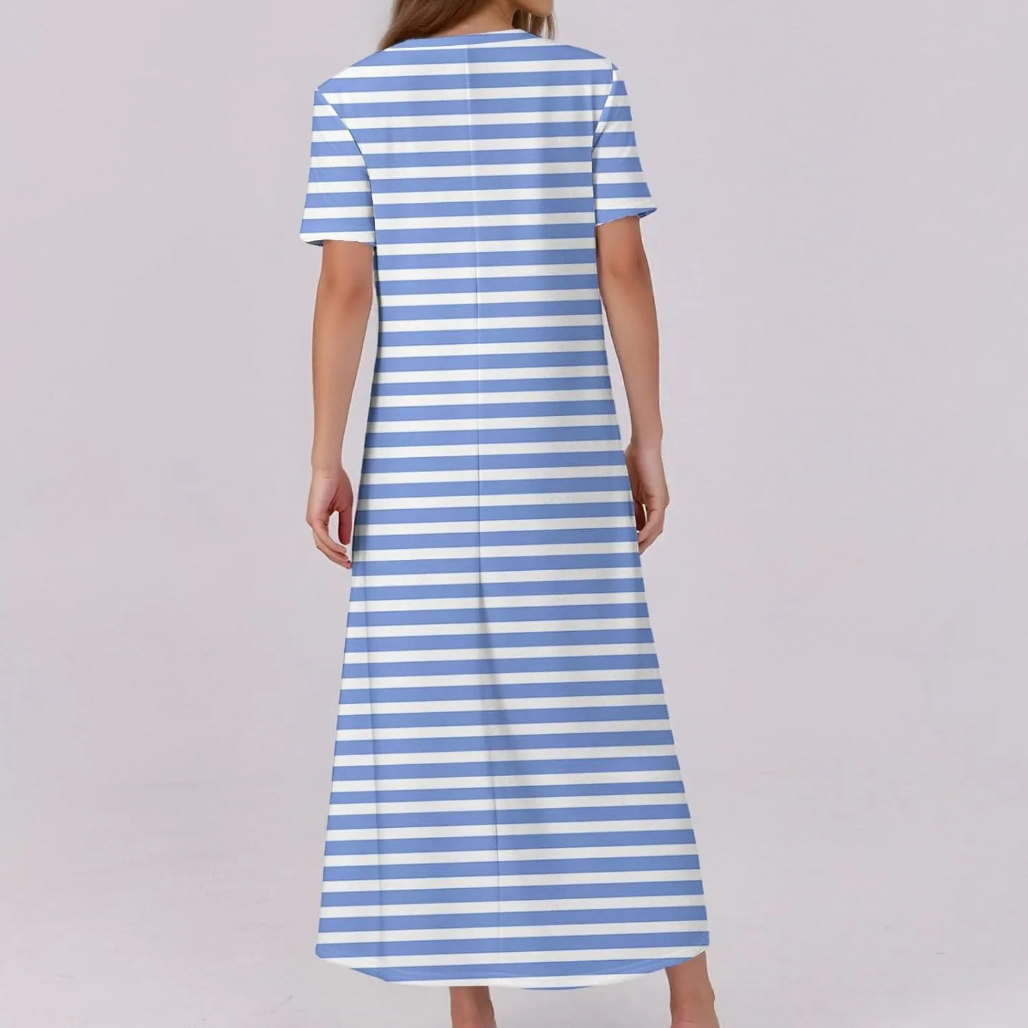 Summer Maxi Dresses for Women Flowy Short Sleeve Floral Crewneck Button Slim Fit A-Line Long Dress with Pockets