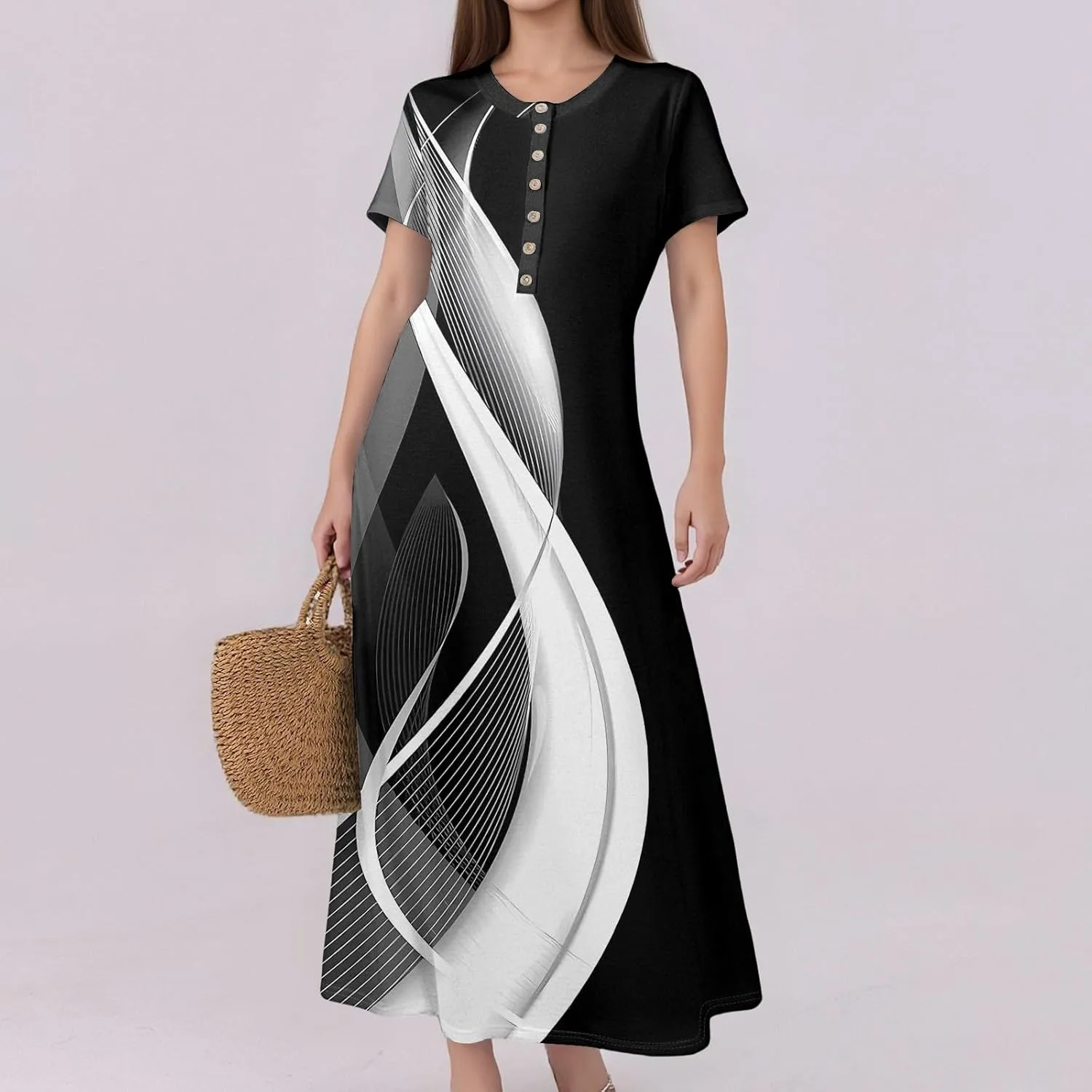 Summer Maxi Dresses for Women Flowy Short Sleeve Floral Crewneck Button Slim Fit A-Line Long Dress with Pockets