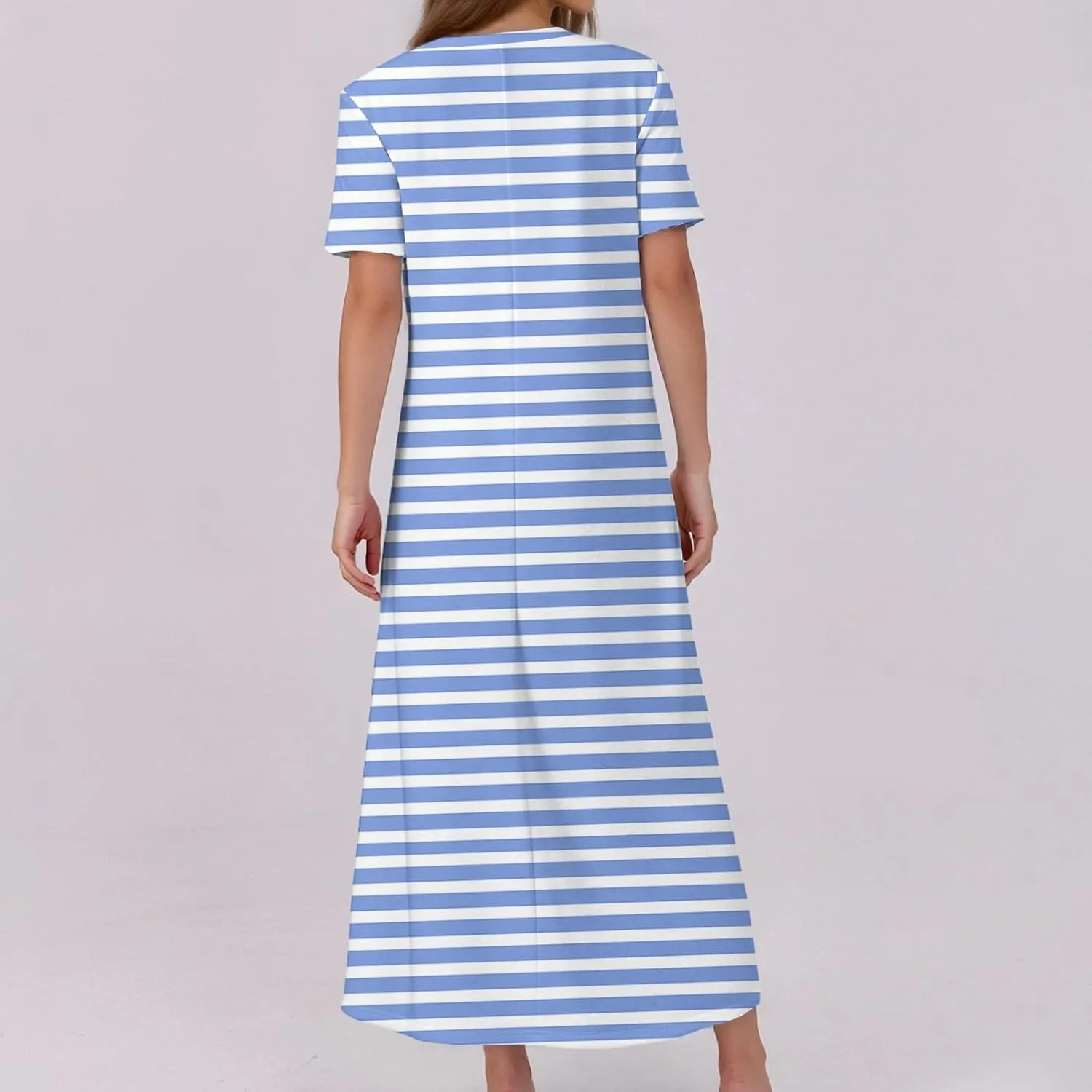 Summer Maxi Dresses for Women Flowy Short Sleeve Floral Crewneck Button Slim Fit A-Line Long Dress with Pockets