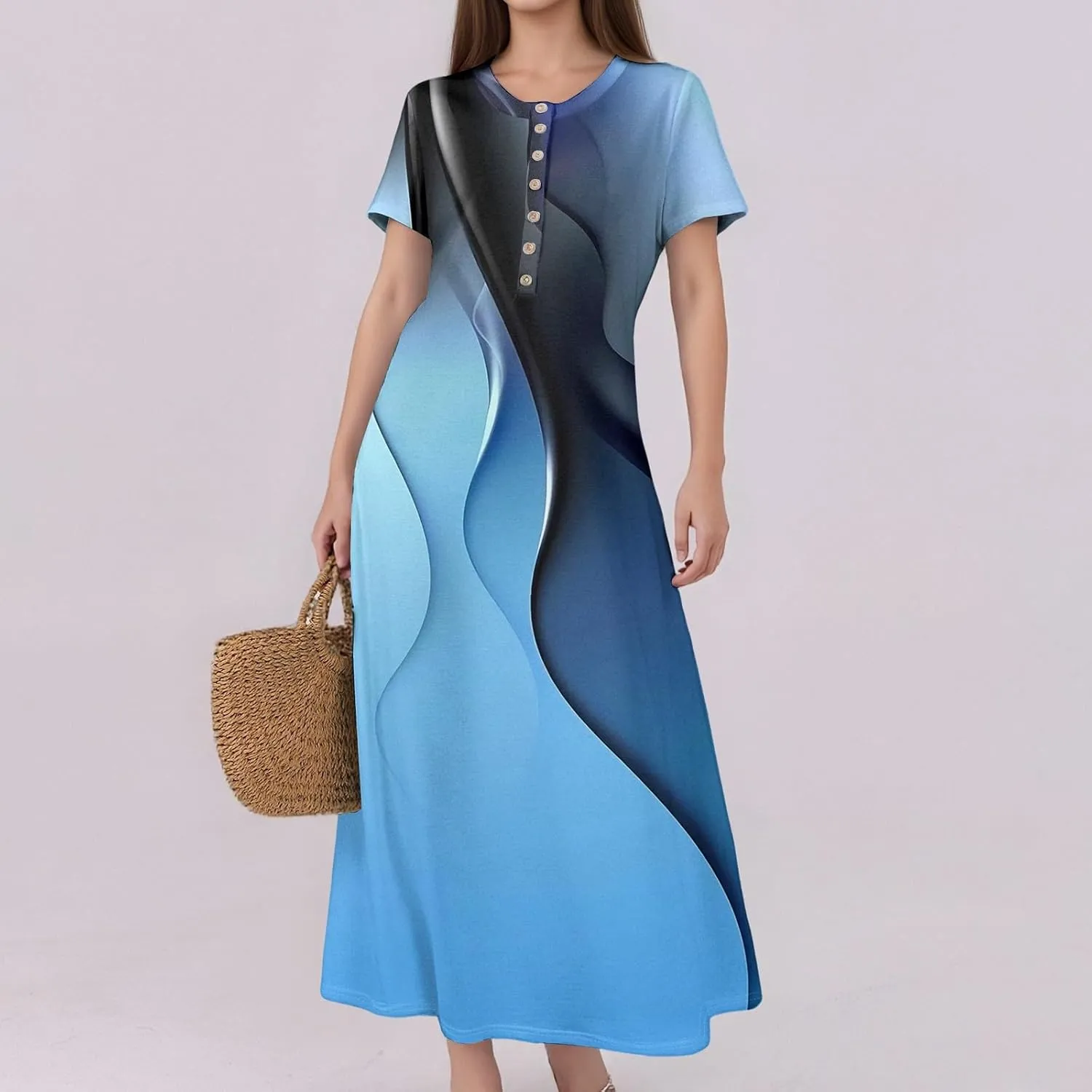 Summer Maxi Dresses for Women Flowy Short Sleeve Floral Crewneck Button Slim Fit A-Line Long Dress with Pockets