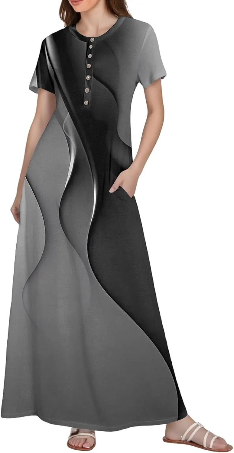 Summer Maxi Dresses for Women Flowy Short Sleeve Floral Crewneck Button Slim Fit A-Line Long Dress with Pockets