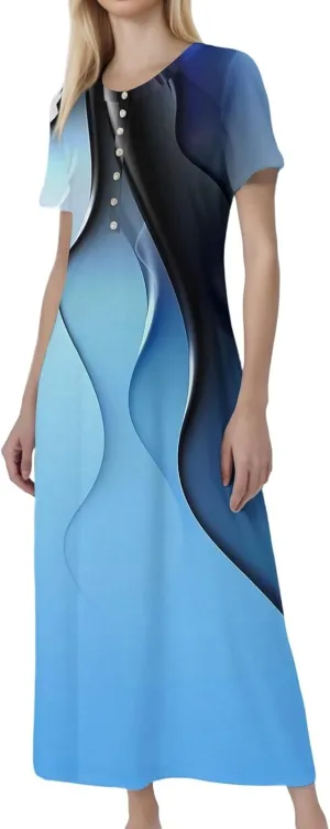 Summer Maxi Dresses for Women Flowy Short Sleeve Floral Crewneck Button Slim Fit A-Line Long Dress with Pockets
