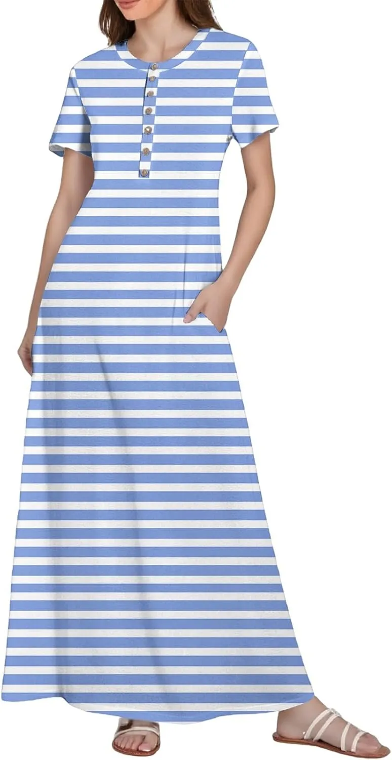 Summer Maxi Dresses for Women Flowy Short Sleeve Floral Crewneck Button Slim Fit A-Line Long Dress with Pockets
