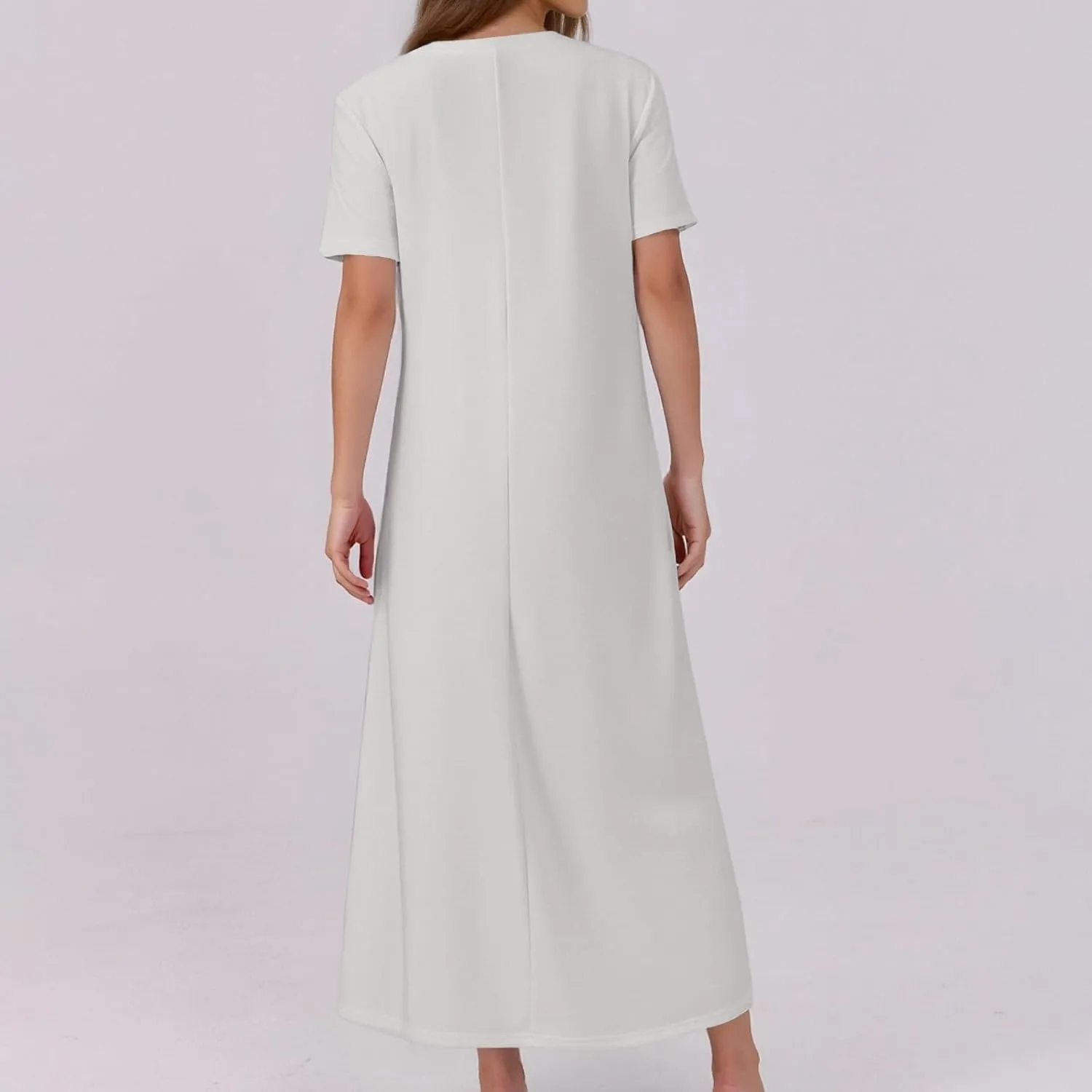 Summer Maxi Dresses for Women Flowy Short Sleeve Floral Crewneck Button Slim Fit A-Line Long Dress with Pockets