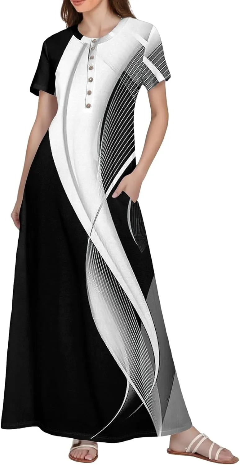 Summer Maxi Dresses for Women Flowy Short Sleeve Floral Crewneck Button Slim Fit A-Line Long Dress with Pockets