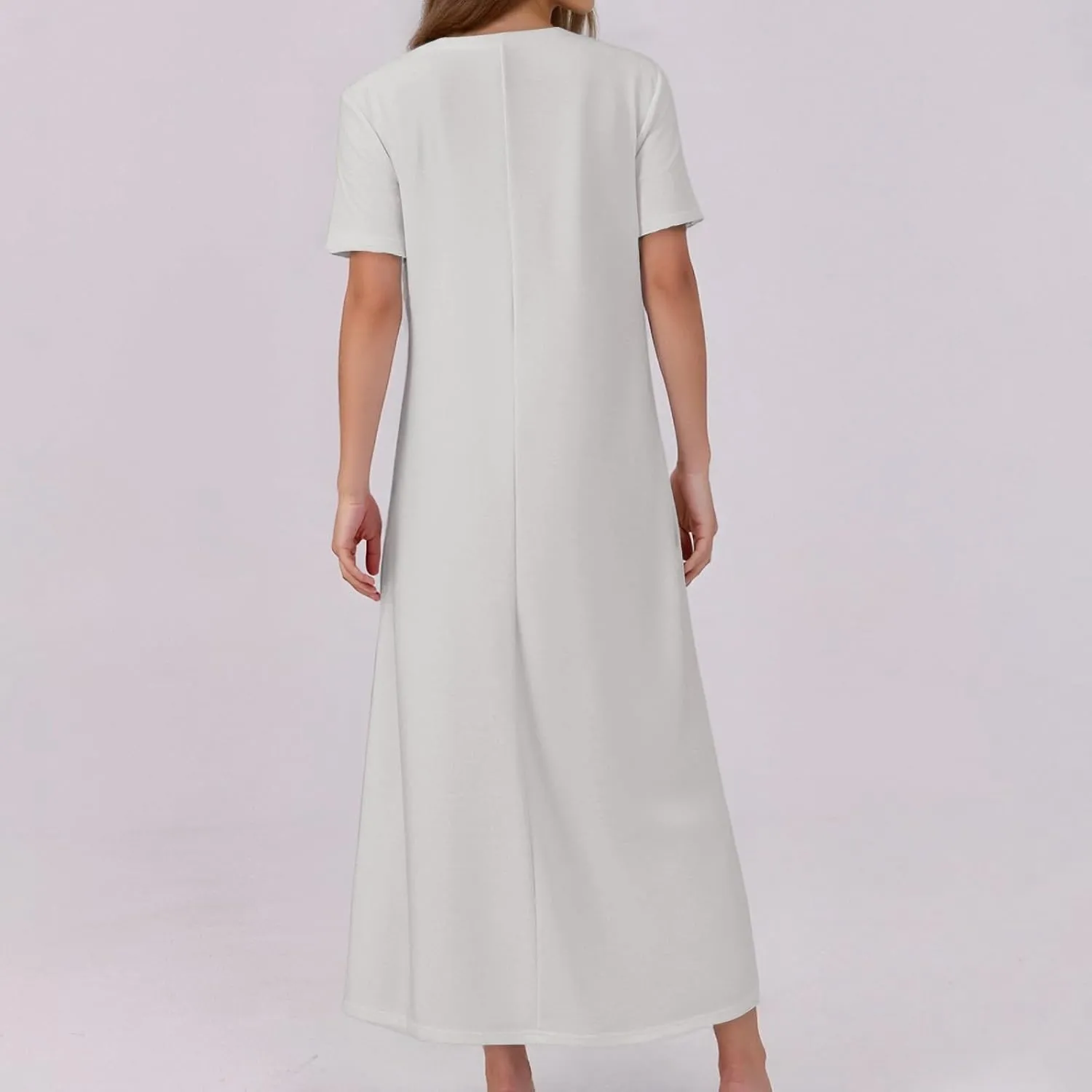 Summer Maxi Dresses for Women Flowy Short Sleeve Floral Crewneck Button Slim Fit A-Line Long Dress with Pockets
