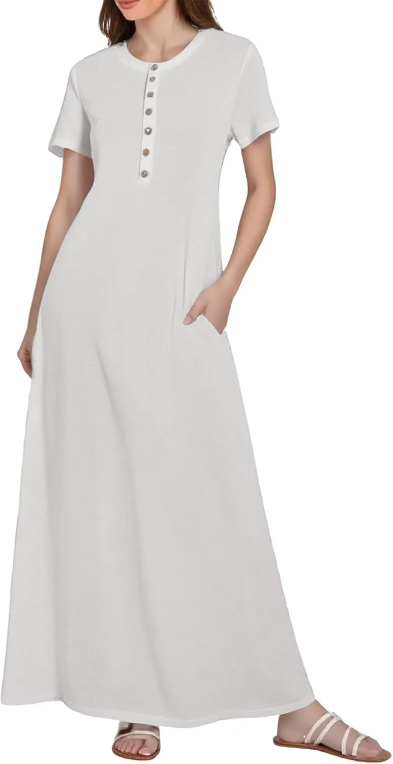 Summer Maxi Dresses for Women Flowy Short Sleeve Floral Crewneck Button Slim Fit A-Line Long Dress with Pockets