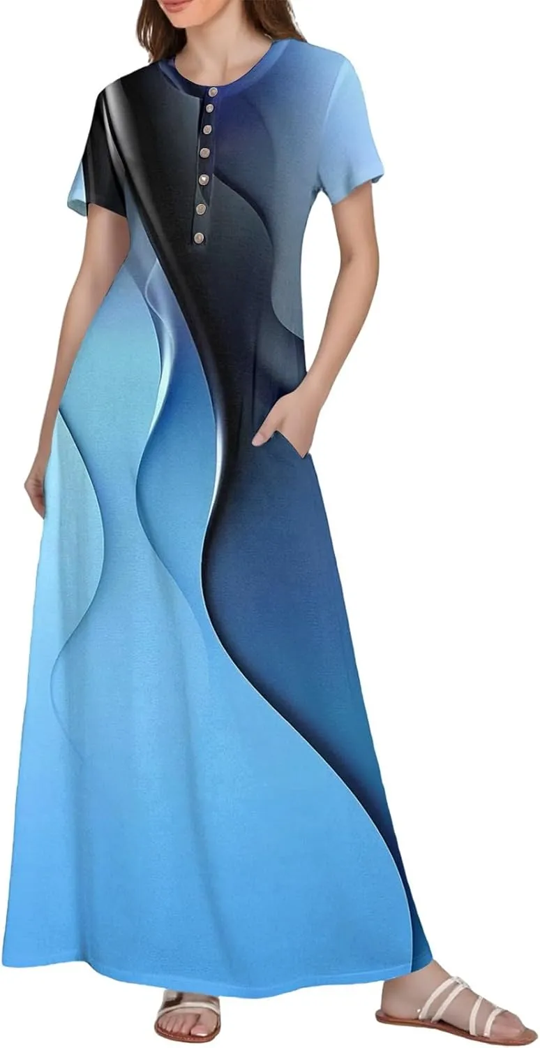 Summer Maxi Dresses for Women Flowy Short Sleeve Floral Crewneck Button Slim Fit A-Line Long Dress with Pockets