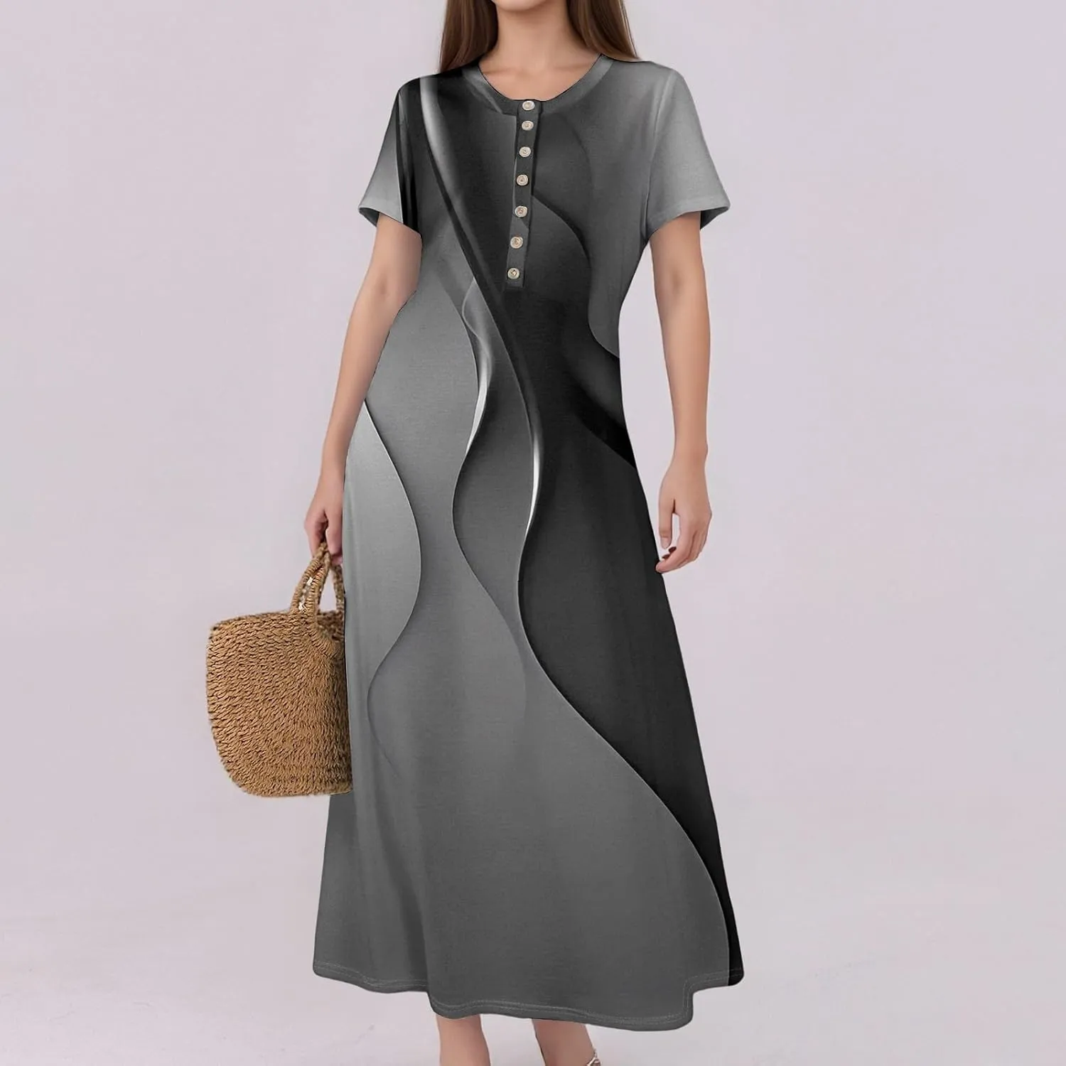Summer Maxi Dresses for Women Flowy Short Sleeve Floral Crewneck Button Slim Fit A-Line Long Dress with Pockets