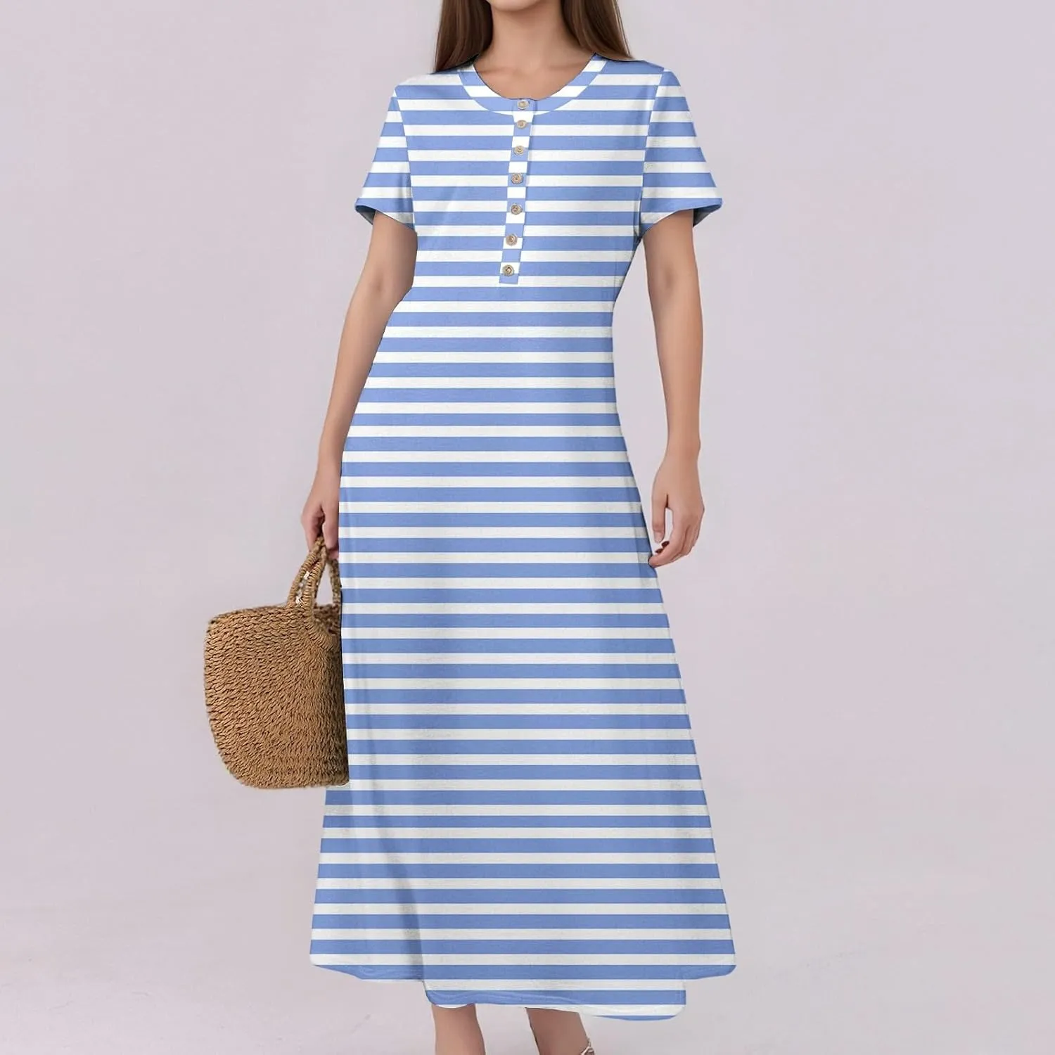 Summer Maxi Dresses for Women Flowy Short Sleeve Floral Crewneck Button Slim Fit A-Line Long Dress with Pockets