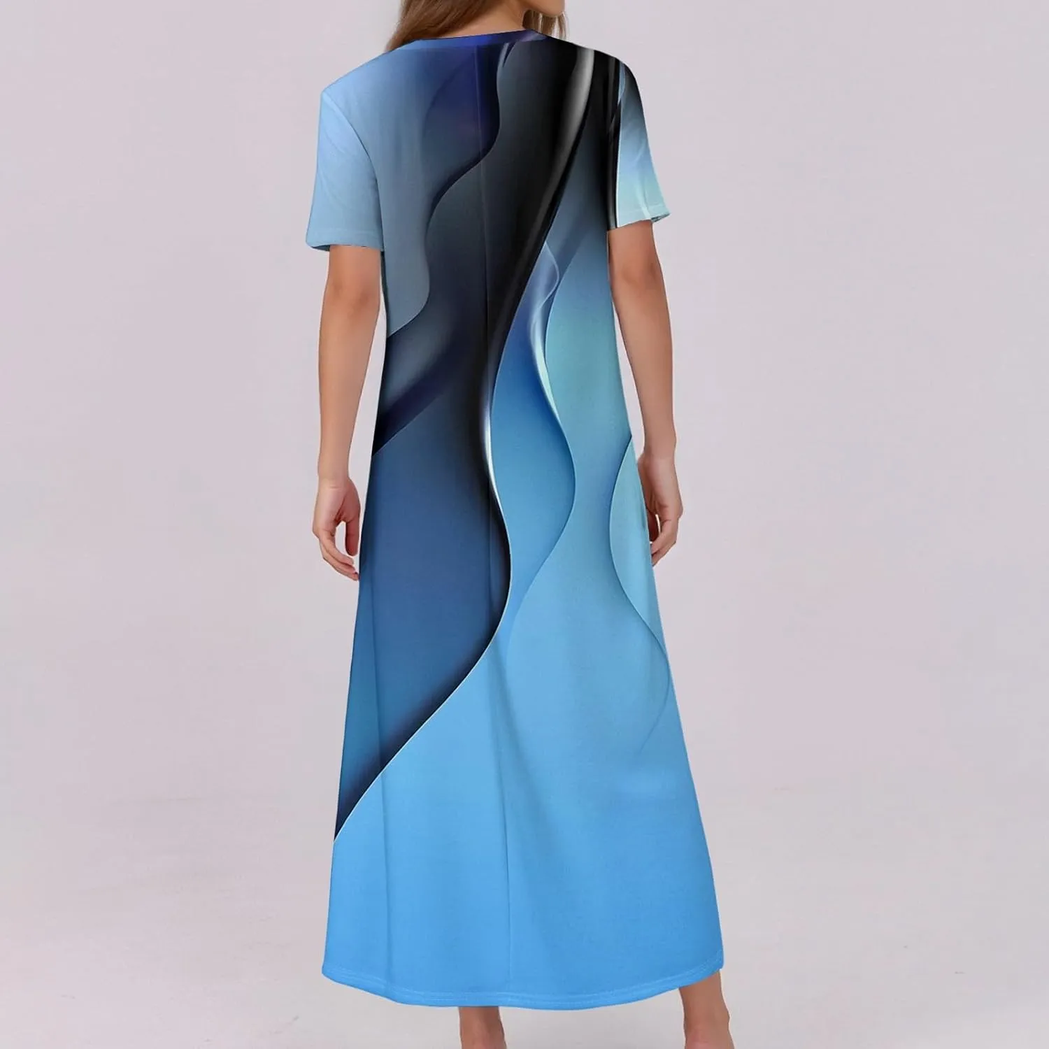 Summer Maxi Dresses for Women Flowy Short Sleeve Floral Crewneck Button Slim Fit A-Line Long Dress with Pockets