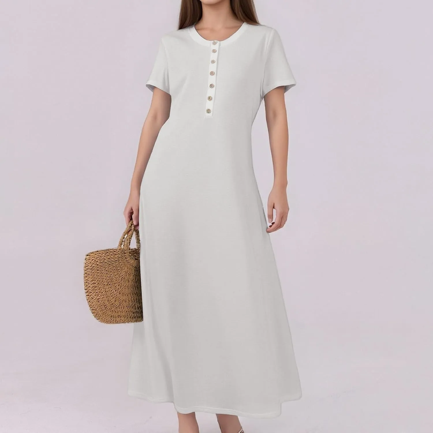 Summer Maxi Dresses for Women Flowy Short Sleeve Floral Crewneck Button Slim Fit A-Line Long Dress with Pockets