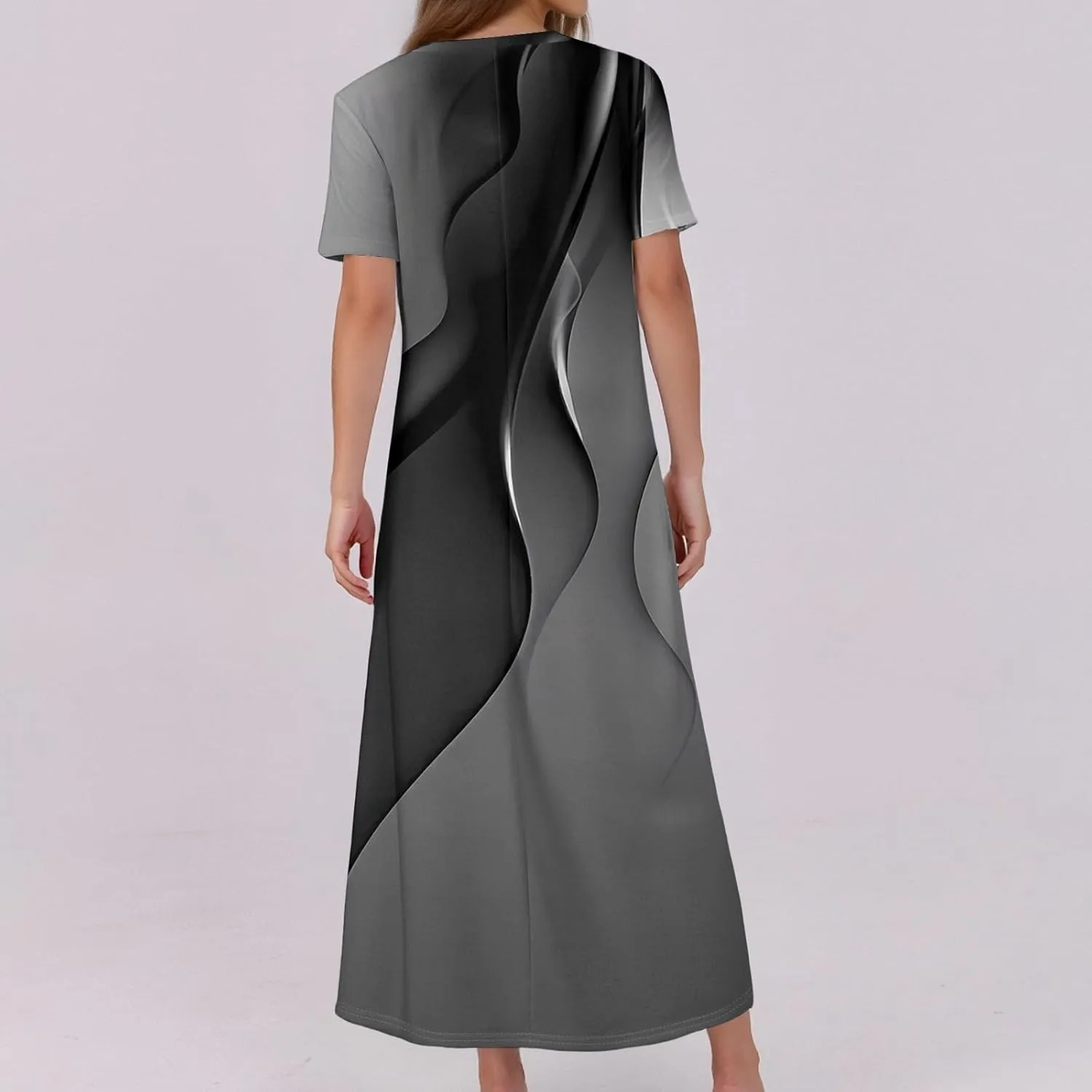 Summer Maxi Dresses for Women Flowy Short Sleeve Floral Crewneck Button Slim Fit A-Line Long Dress with Pockets