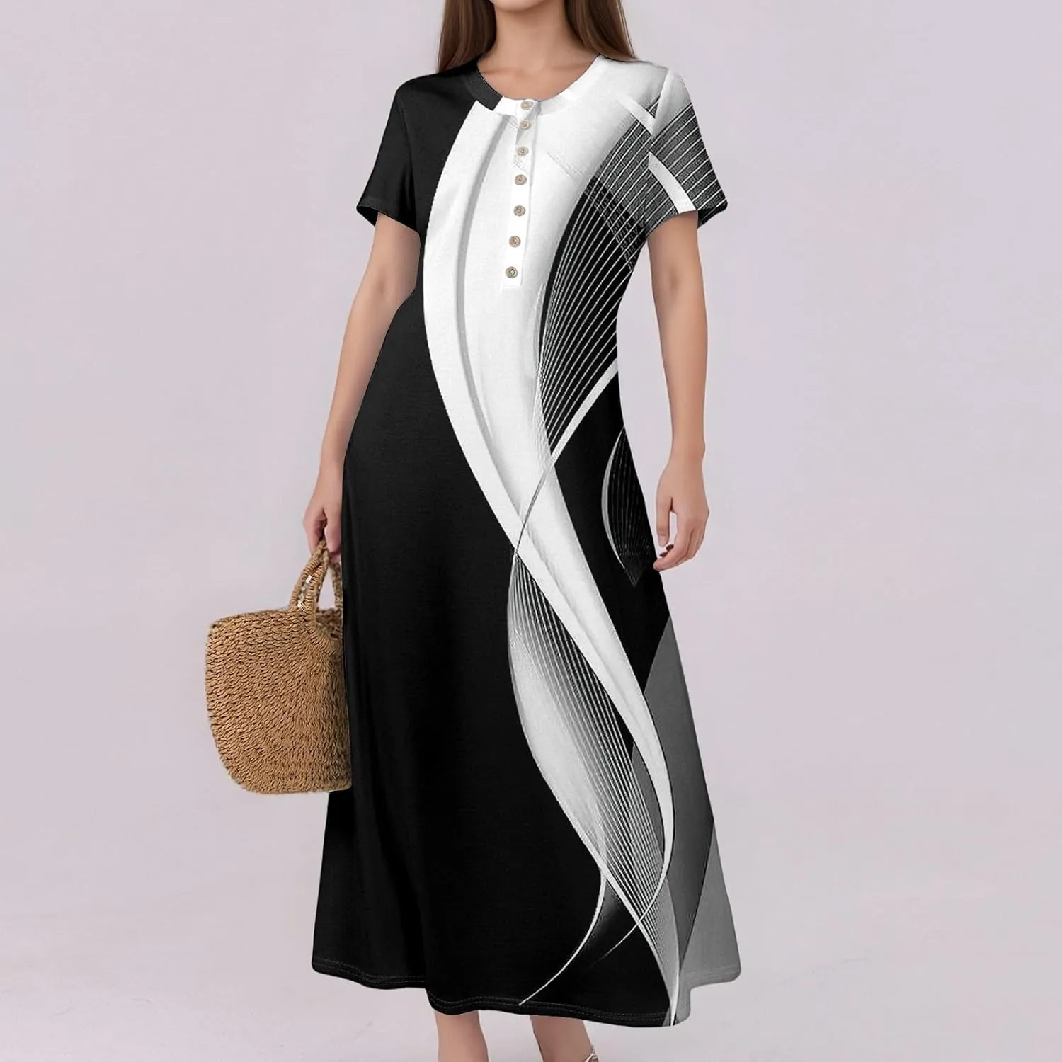 Summer Maxi Dresses for Women Flowy Short Sleeve Floral Crewneck Button Slim Fit A-Line Long Dress with Pockets