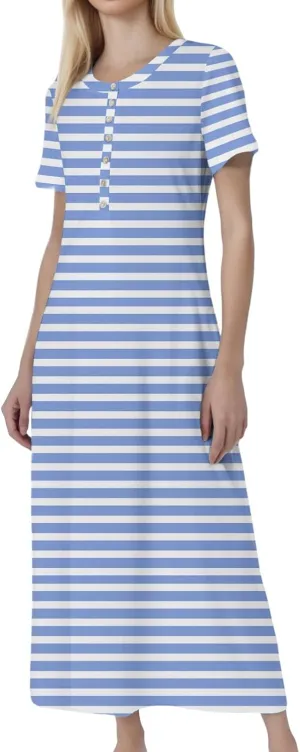 Summer Maxi Dresses for Women Flowy Short Sleeve Floral Crewneck Button Slim Fit A-Line Long Dress with Pockets