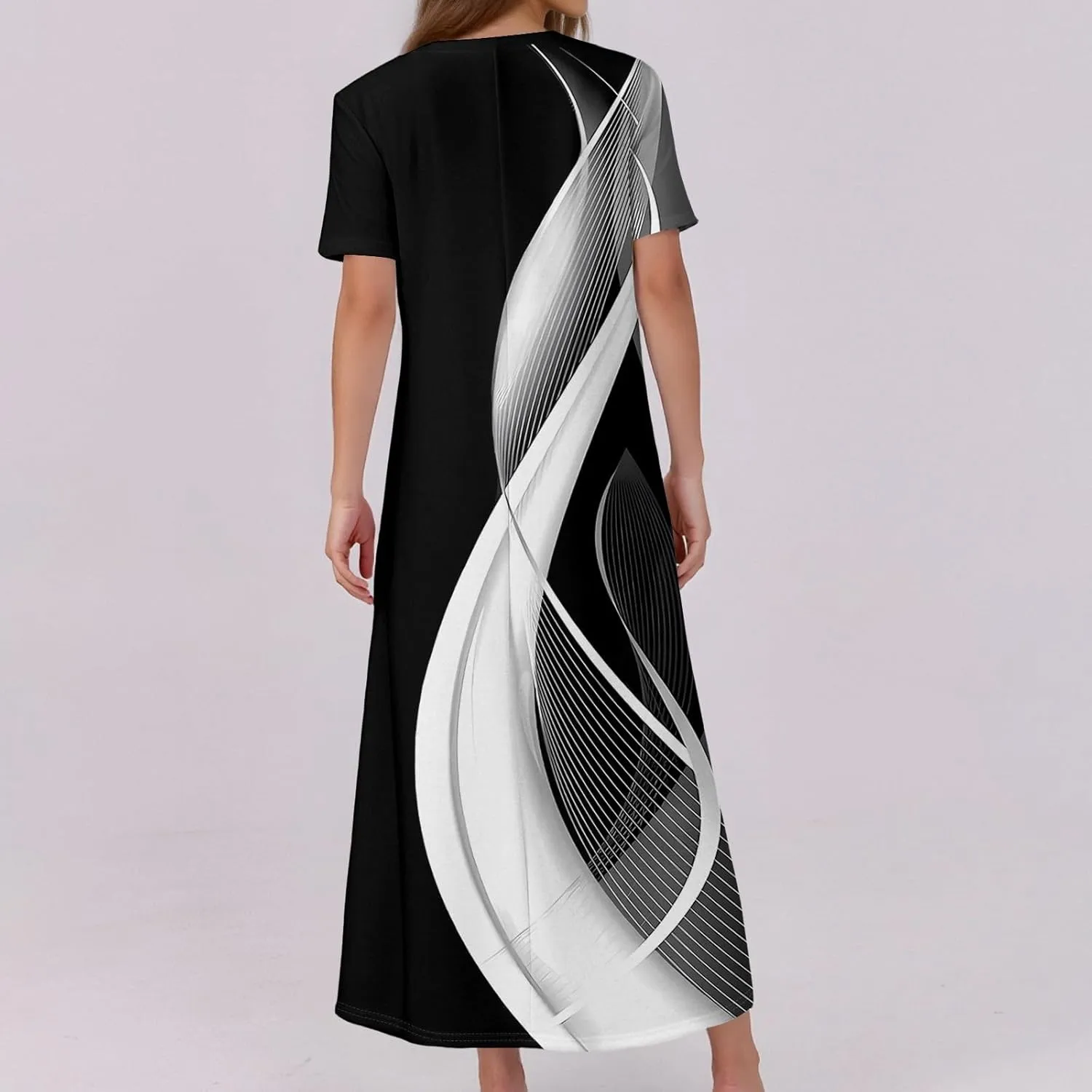 Summer Maxi Dresses for Women Flowy Short Sleeve Floral Crewneck Button Slim Fit A-Line Long Dress with Pockets