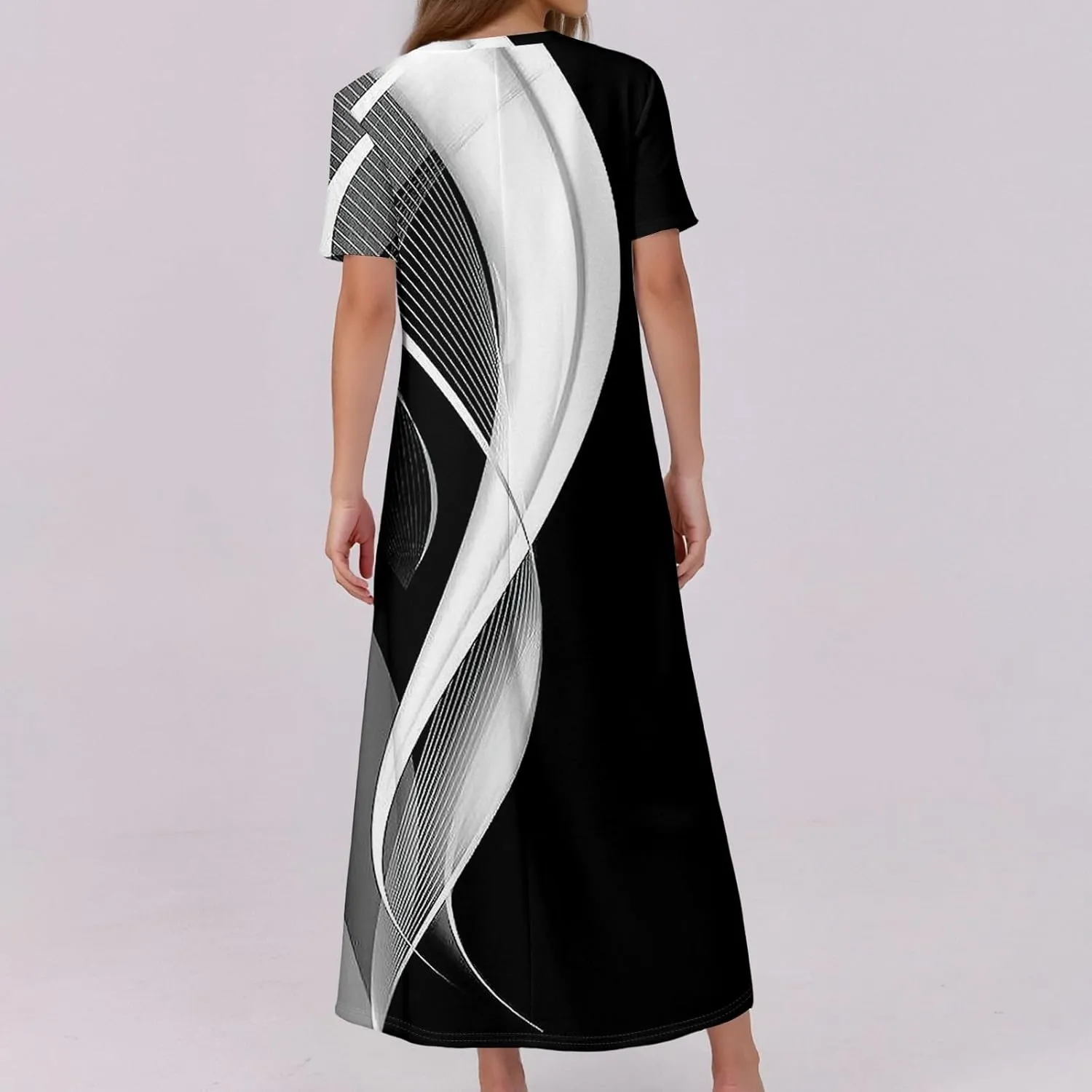 Summer Maxi Dresses for Women Flowy Short Sleeve Floral Crewneck Button Slim Fit A-Line Long Dress with Pockets
