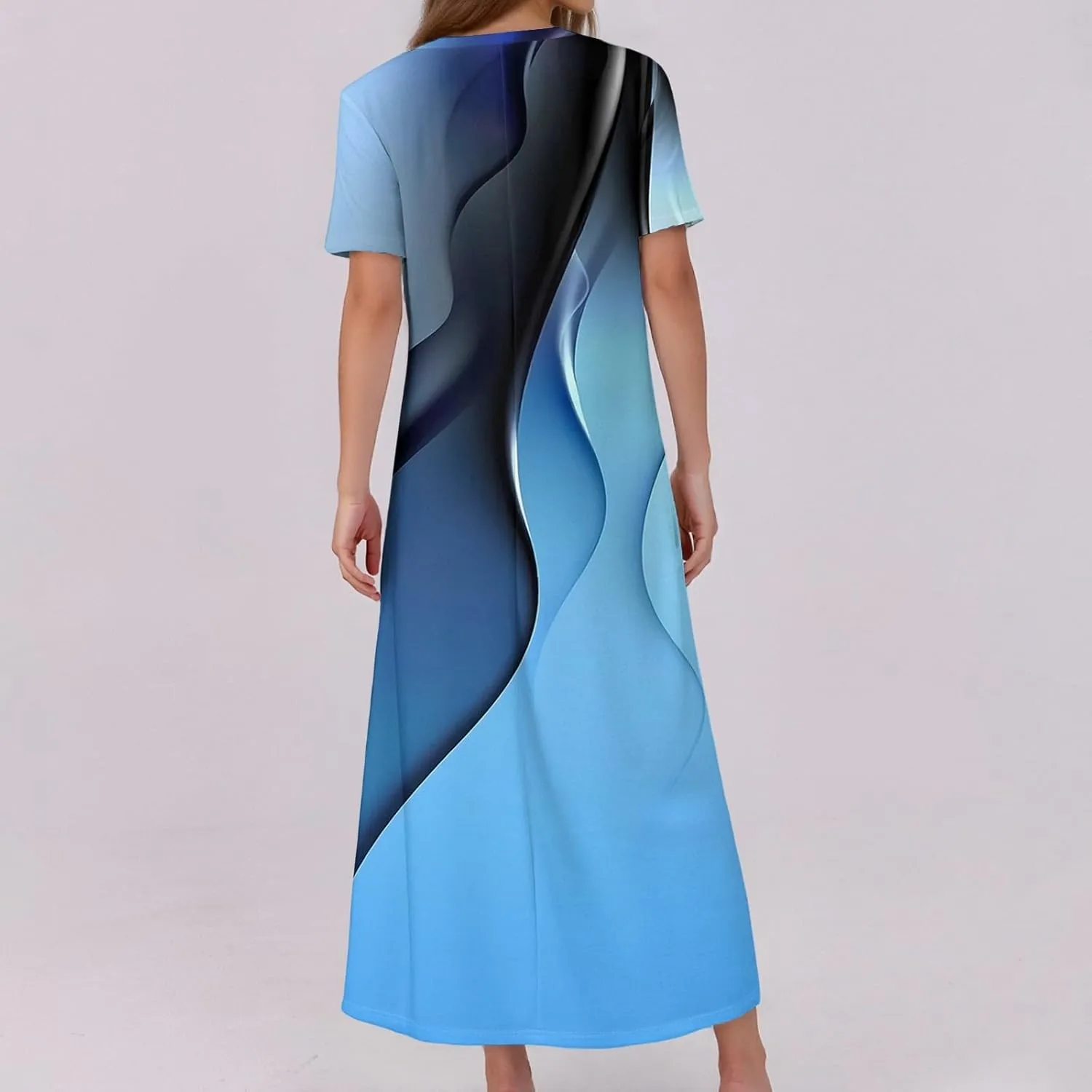 Summer Maxi Dresses for Women Flowy Short Sleeve Floral Crewneck Button Slim Fit A-Line Long Dress with Pockets