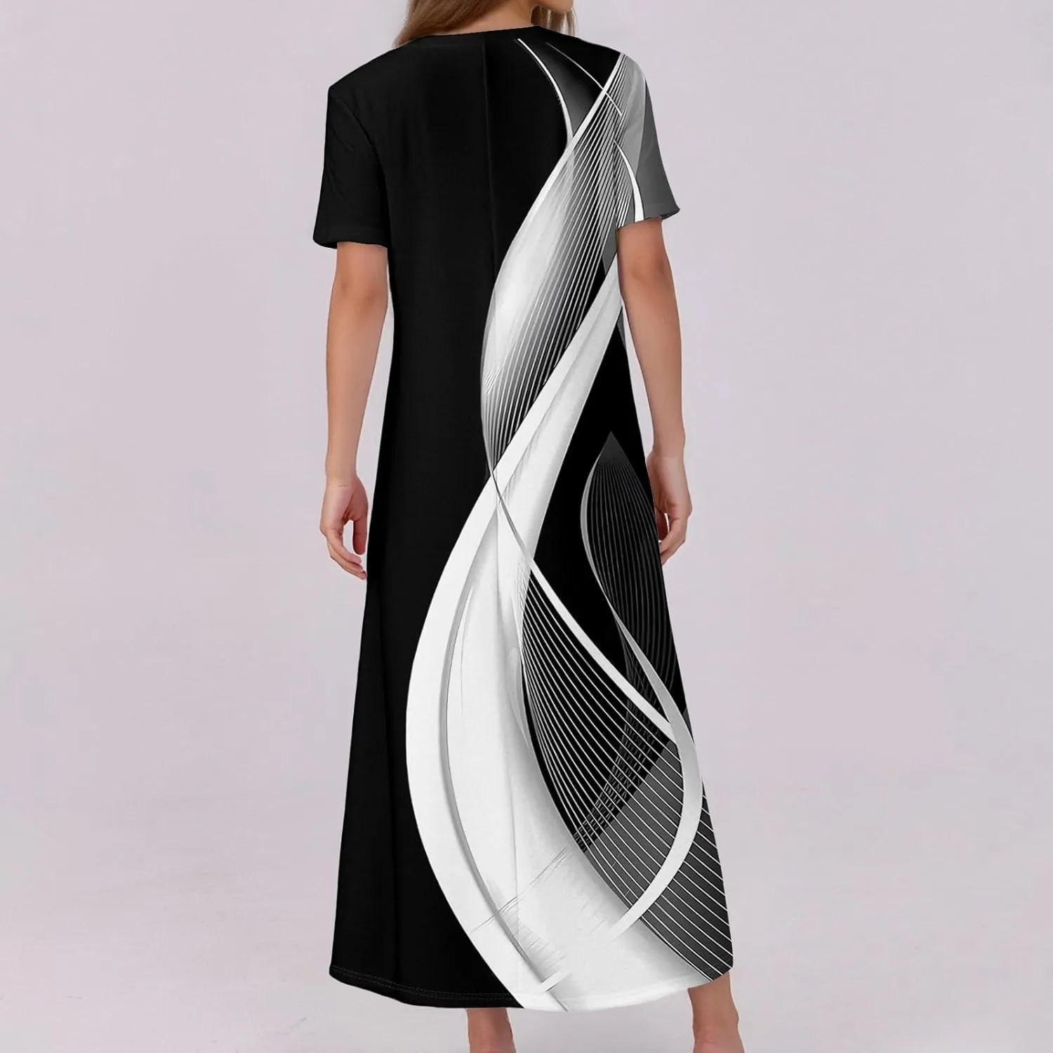 Summer Maxi Dresses for Women Flowy Short Sleeve Floral Crewneck Button Slim Fit A-Line Long Dress with Pockets