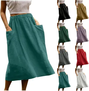 Summer Skirts for Women 2025 Trendy Soft Elastic Waisted Linen Skirt Midi Length Flowy Pleated Beach Maxi Skirt