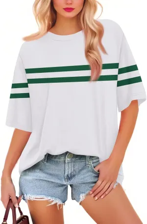 Summer Tops for Women 2025 Vacation Outfits Trendy Crewneck Striped Short Sleeve Shirts Loose fit Breathable T Shirts
