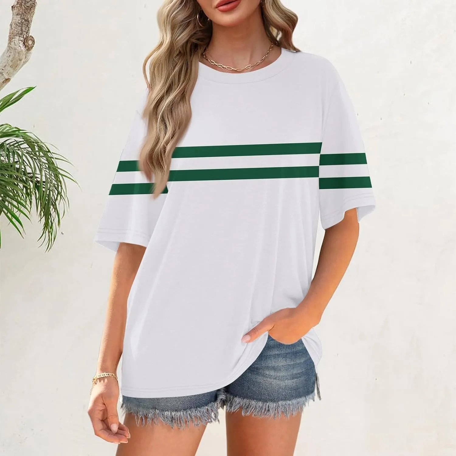 Summer Tops for Women 2025 Vacation Outfits Trendy Crewneck Striped Short Sleeve Shirts Loose fit Breathable T Shirts