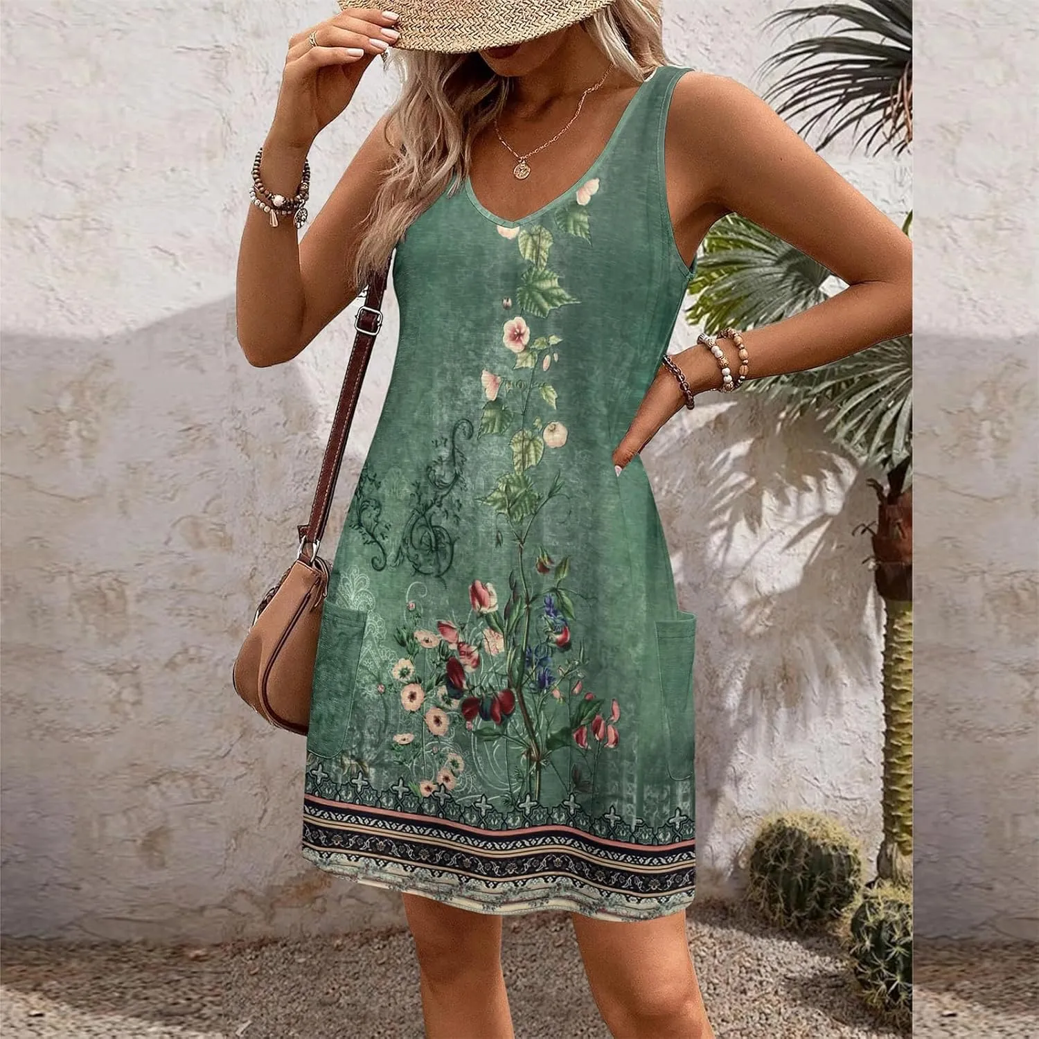 Sundresses for Women 2025 Boho Beach Loose Vacation Sun Dress Resort Wear V-Neck Travel Dress Casual Vacation Outfits