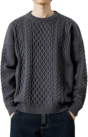 SUWBMHWE Men's Long Sleeve Cable Knit Pullover Sweater Fisherman Twist Patterned Crewneck Casual Tops Sweater