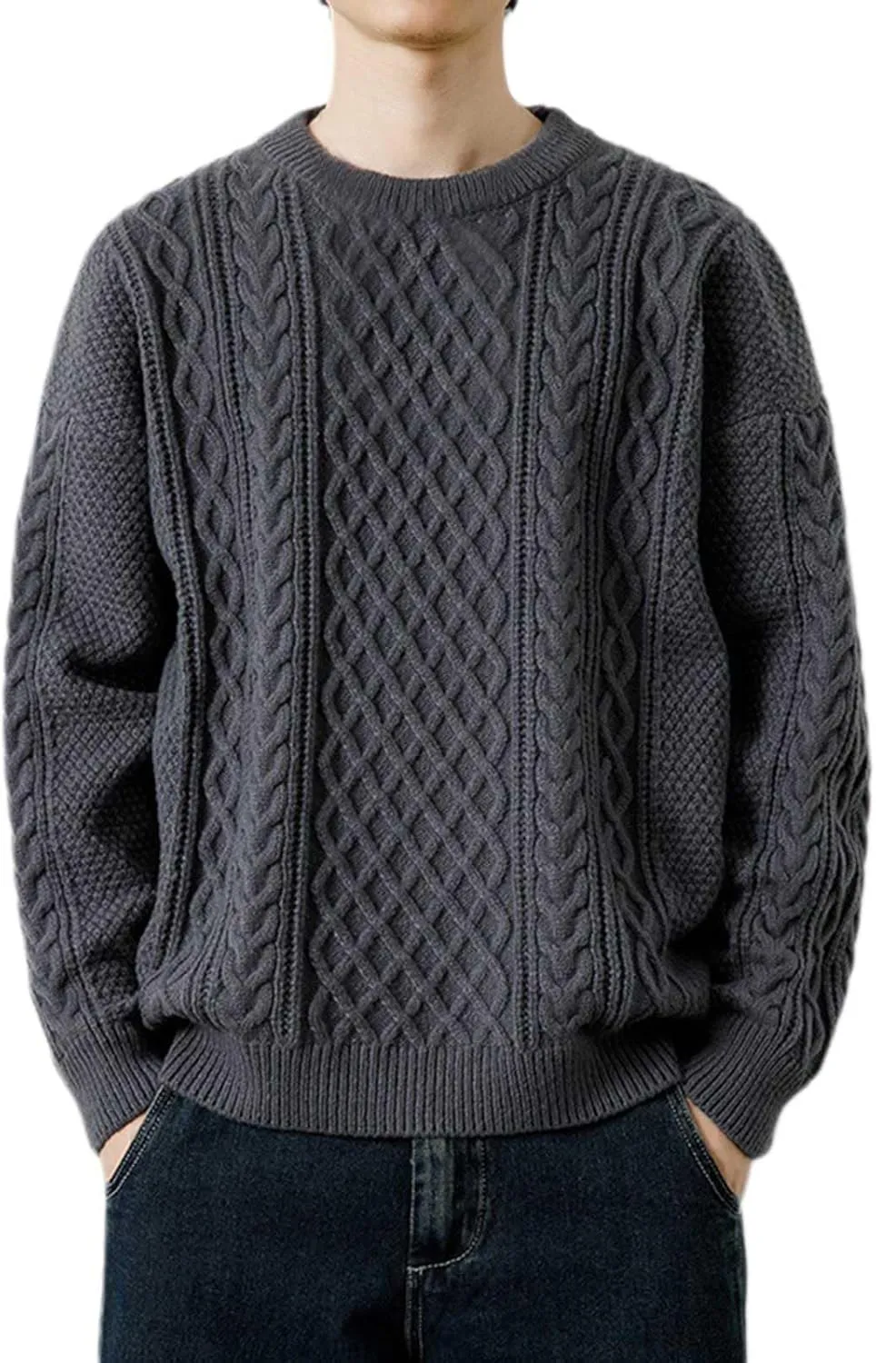 SUWBMHWE Men's Long Sleeve Cable Knit Pullover Sweater Fisherman Twist Patterned Crewneck Casual Tops Sweater