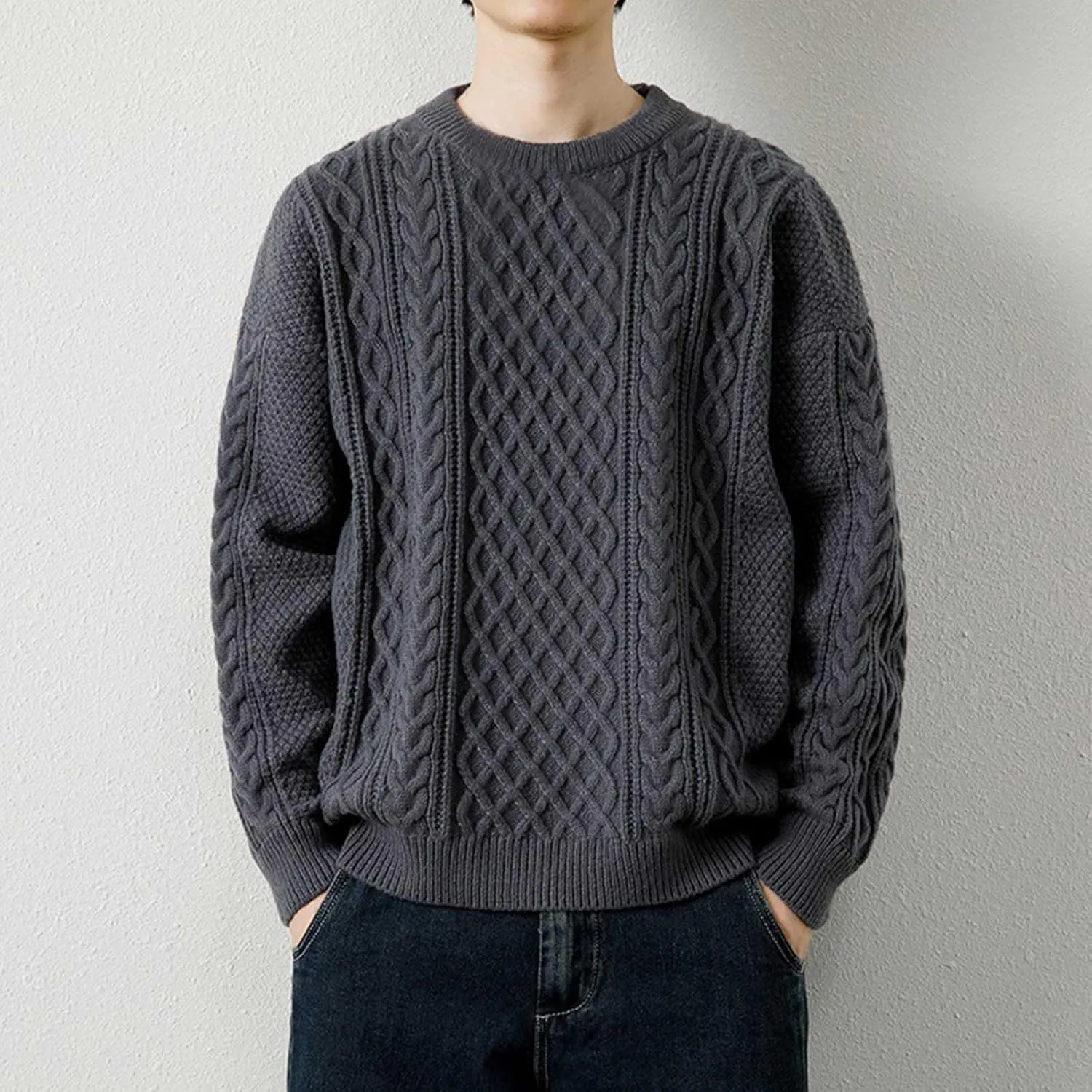 SUWBMHWE Men's Long Sleeve Cable Knit Pullover Sweater Fisherman Twist Patterned Crewneck Casual Tops Sweater